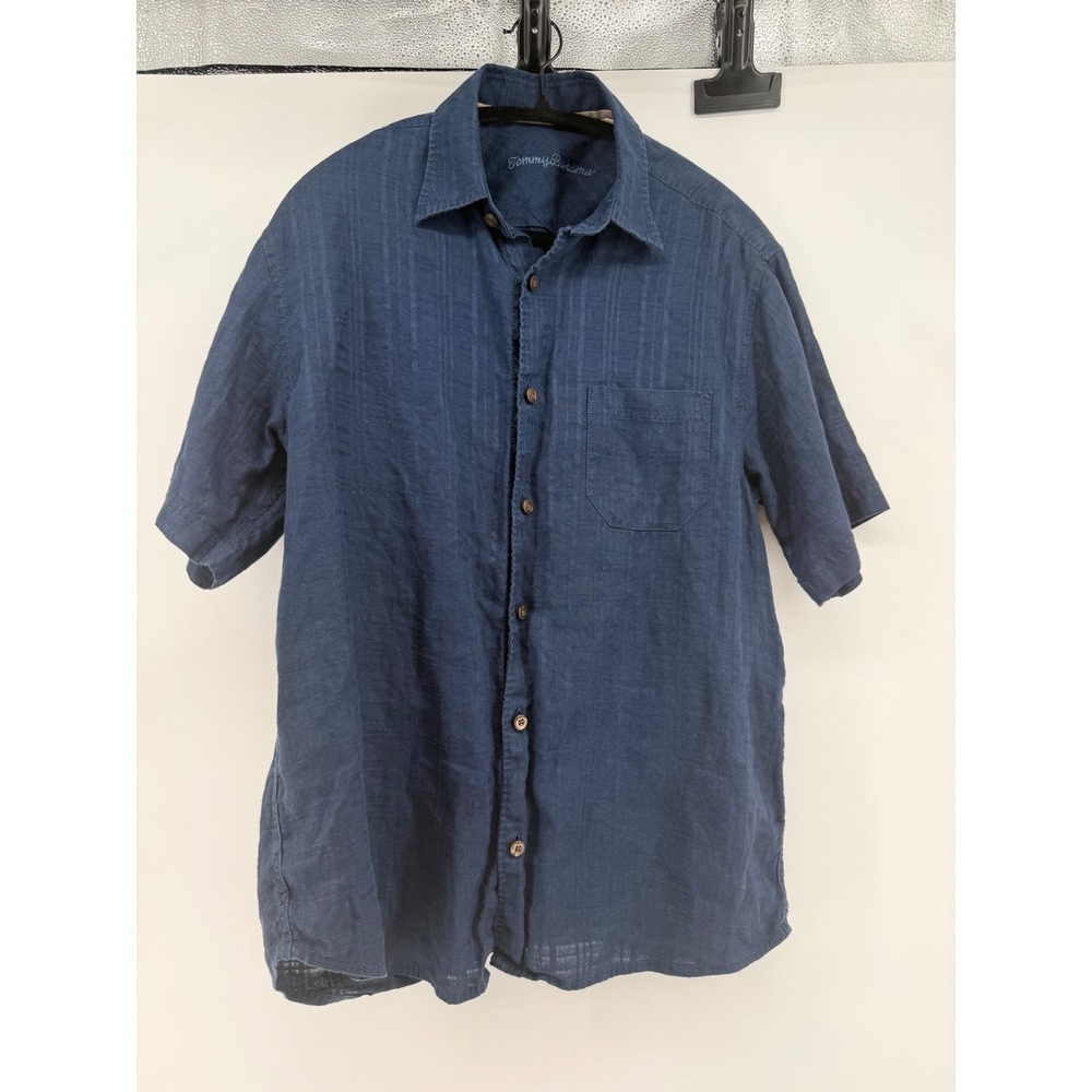 Tommy Bahama Mens Small Navy Blue 100% Linen Short Sleeve Button Down Shirt